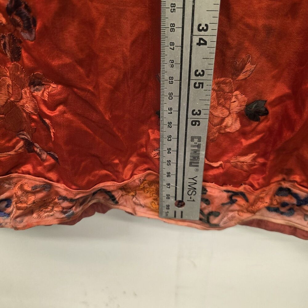Red Asian Satin Kimono Vintage Mid Length Embroidered Pattern Button Down Flaw m - Picture 8 of 13